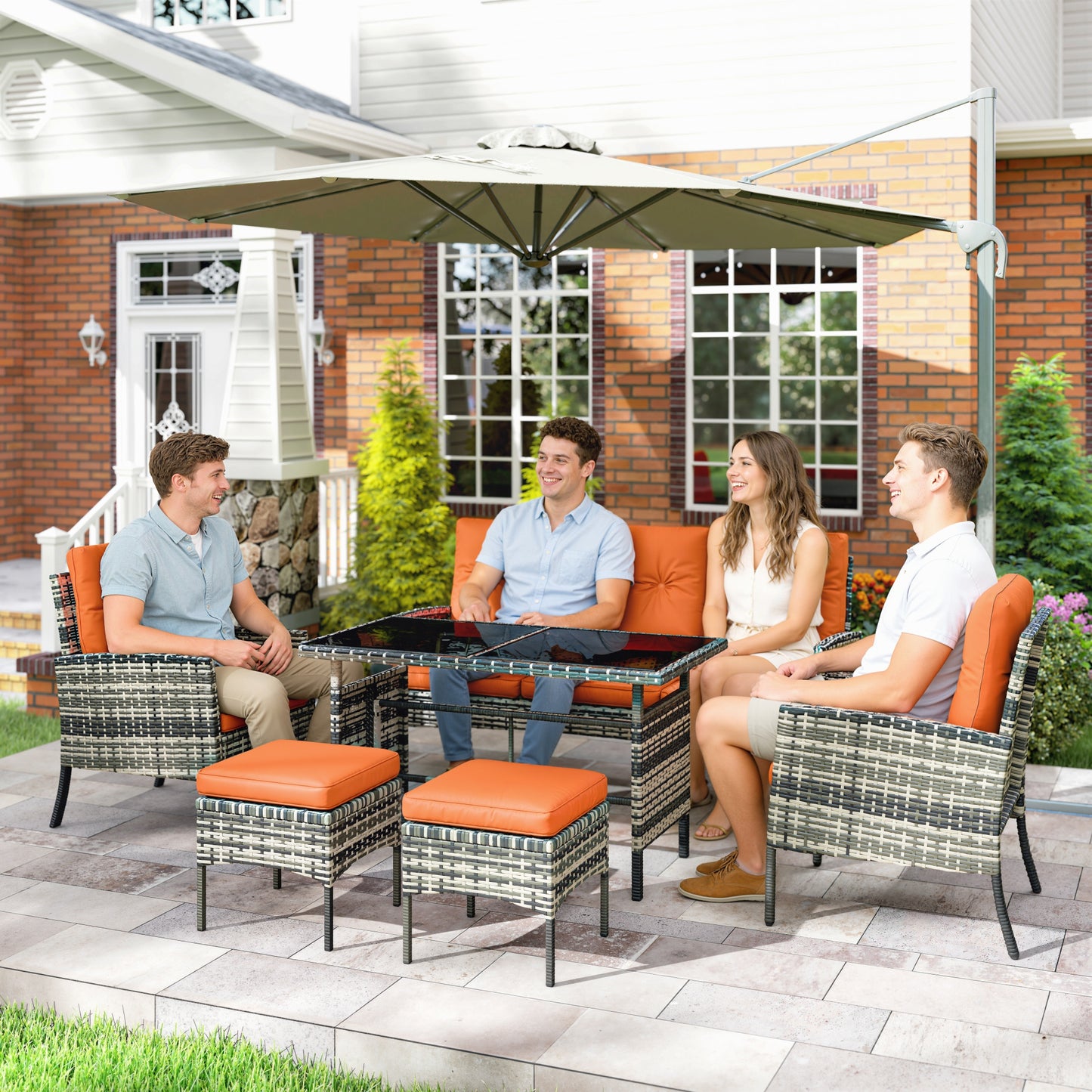 6 Pieces Rattan Garden Furniture Sofa Set with Cushions, Orange