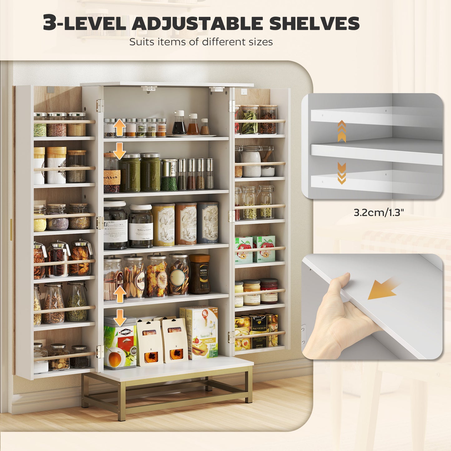 Kitchen Cabinet with Double Doors, 5 Tiers, 12 Spice Racks, White