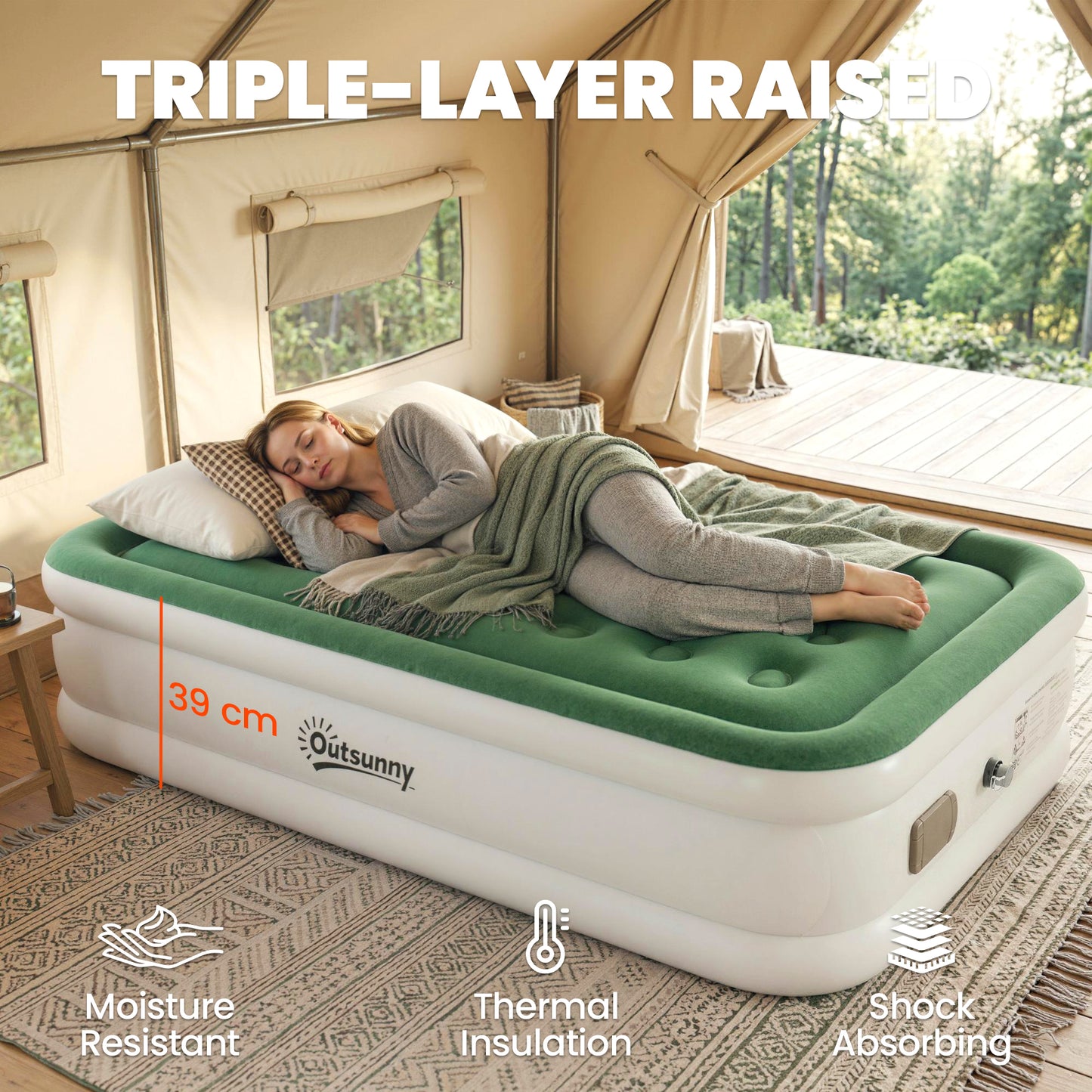 Inflatable Mattress, Single Air Bed with Built-in Pump, Dark Green