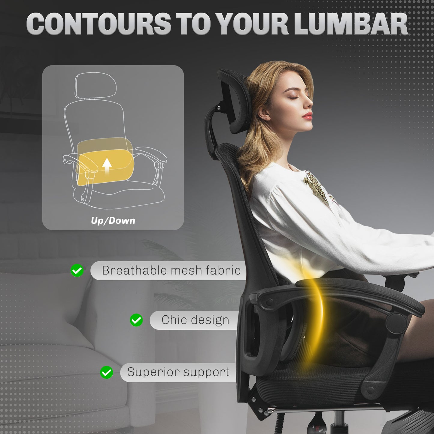 Mesh Ergonomic Office Chair with Lumbar Support, Headrest, Black