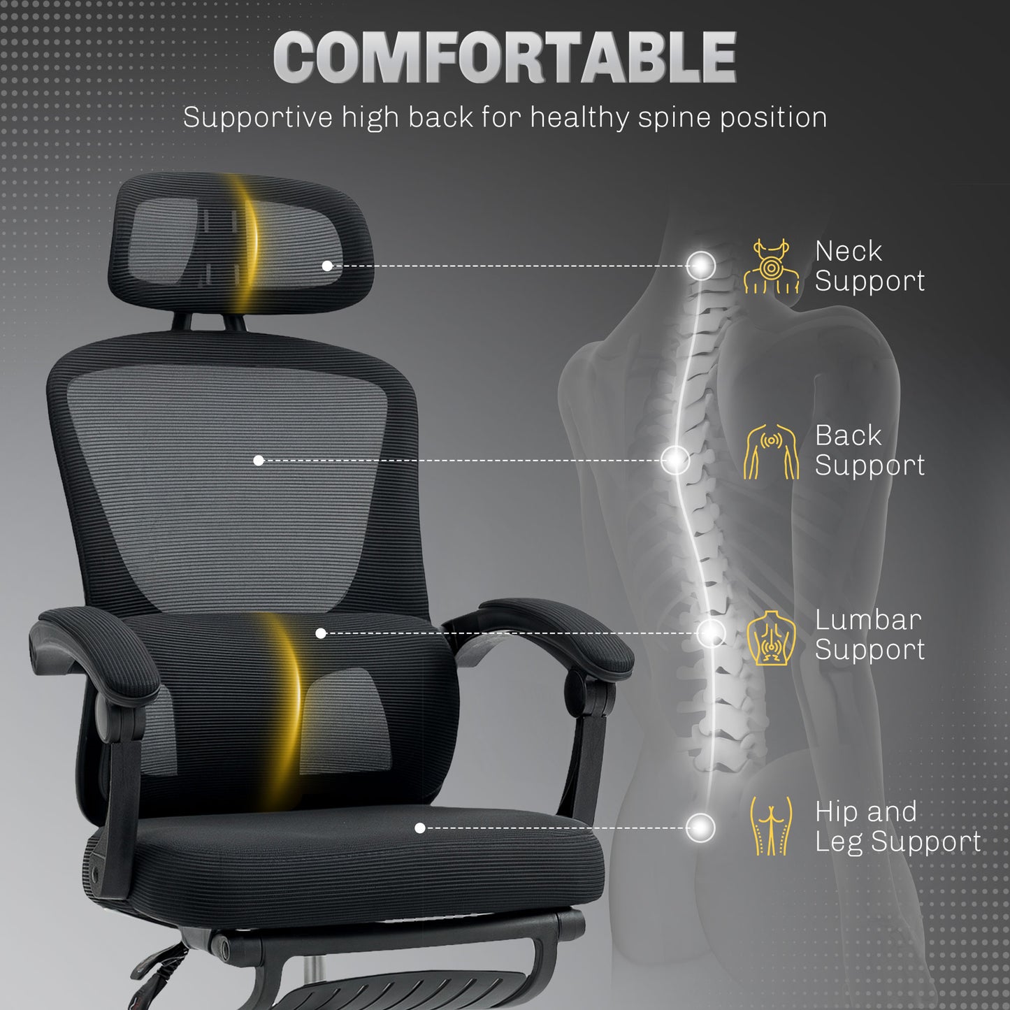 Mesh Ergonomic Office Chair with Lumbar Support, Headrest, Black