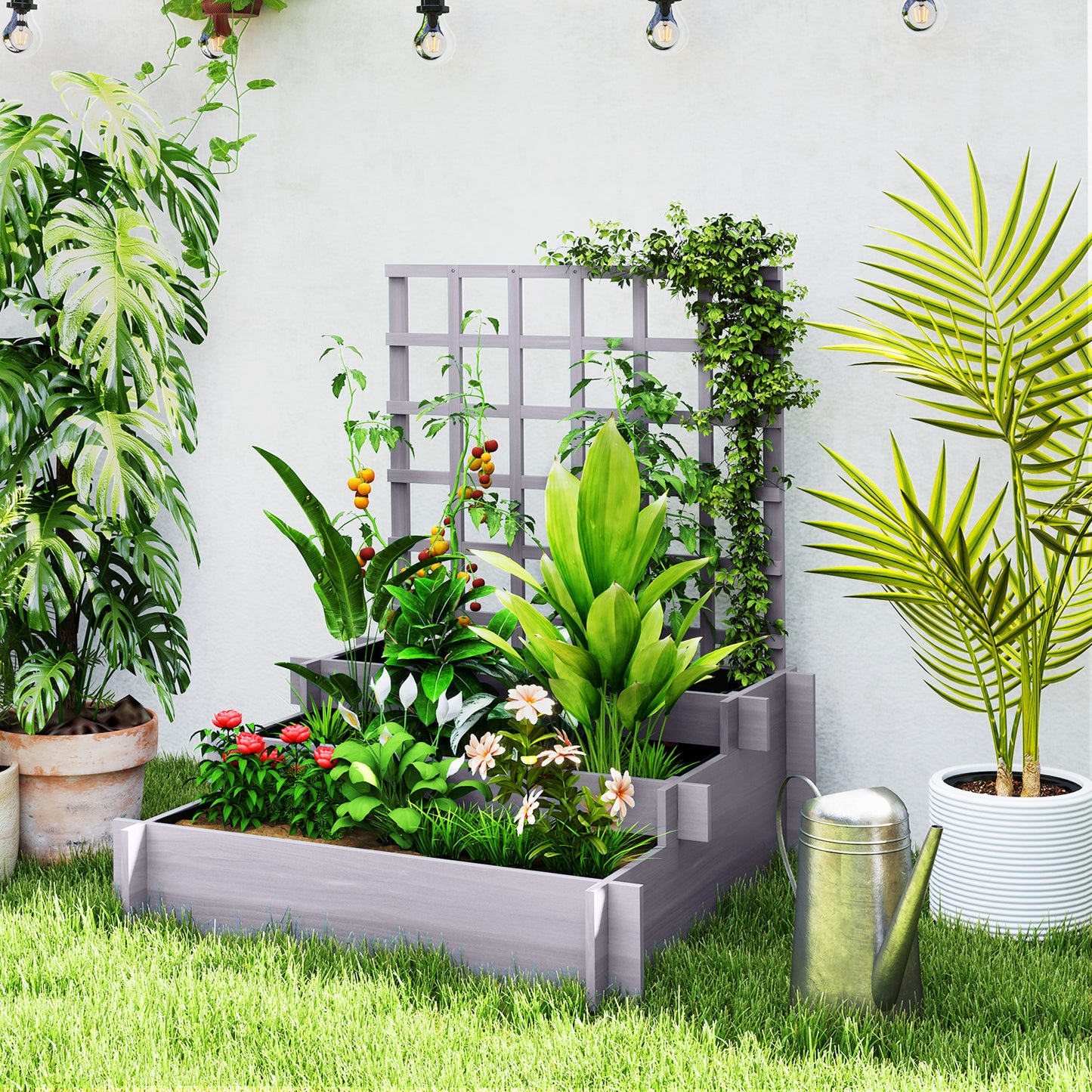 3 Tier Wooden Garden Planters with Trellis for Vine Climbing Plants