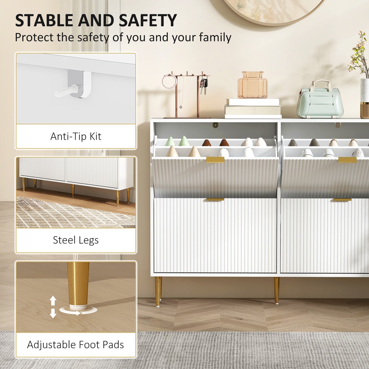 Slim Shoe Storage Cabinet with 4 Flip Drawers for Hallway, White