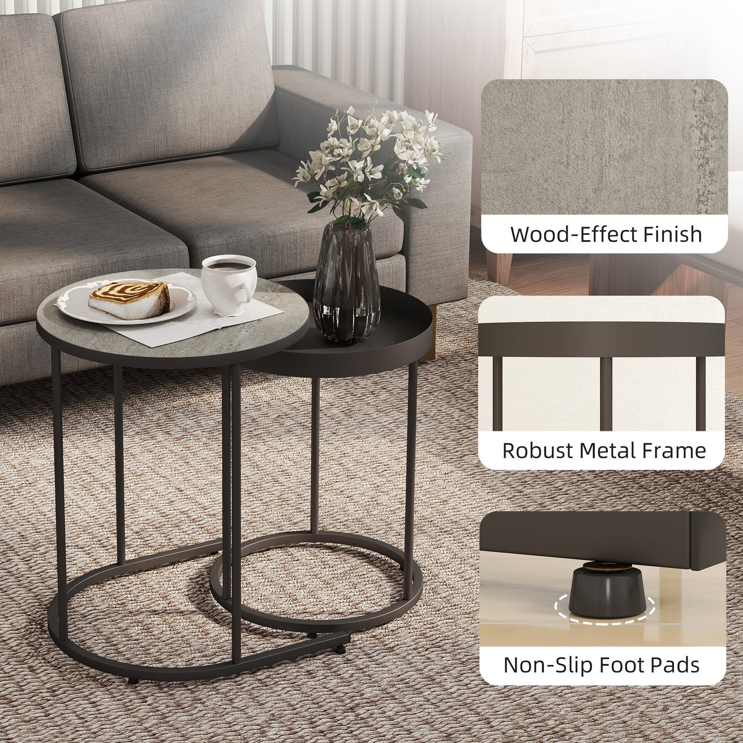 Nesting Side Table Set of 2, Industrial Round Nest of Tables, Grey