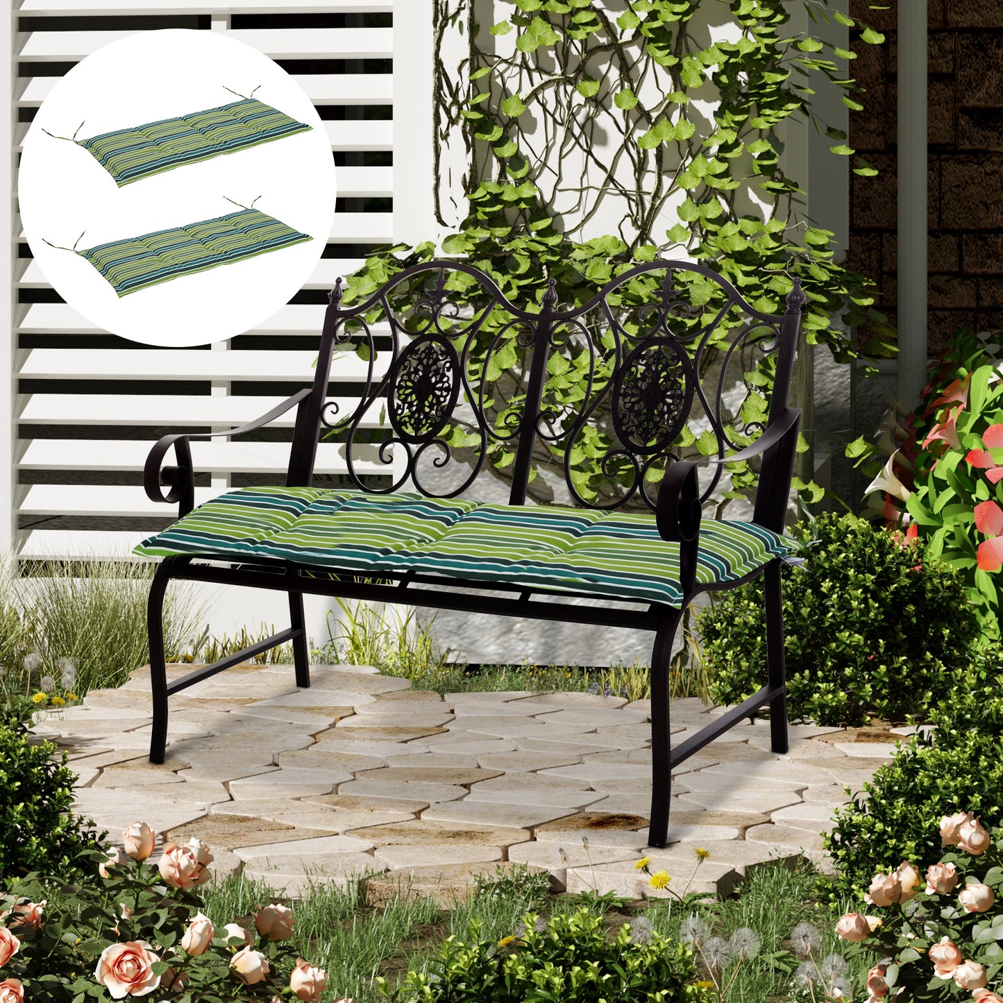 2 Pieces Replacement Cushions for Garden Bench, with Strips, Green