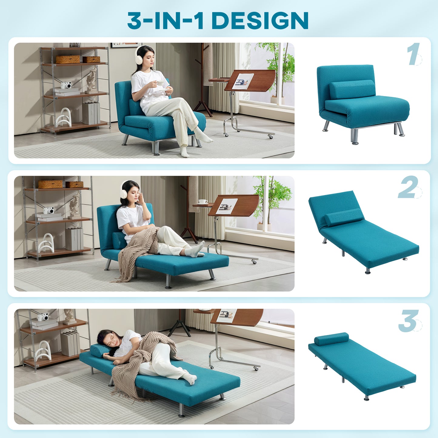 Folding 5 Position Convertible Sleeper Chair Bed Dark Blue