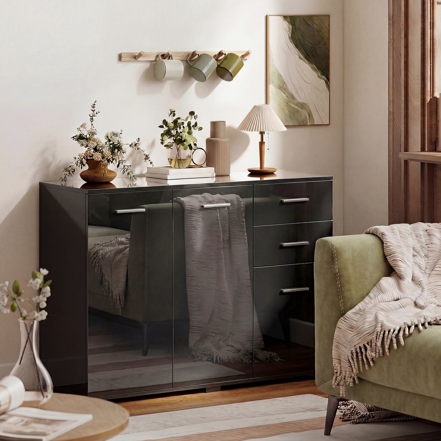 Modern Sideboard Kitchen Storage Cabinet, High Gloss Black