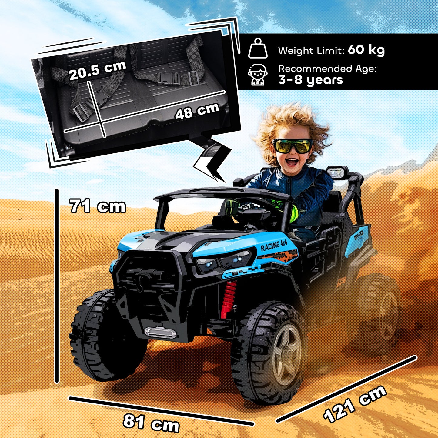 24V Electric Ride on Car, 2-Seater Kids Electric Truck, Blue