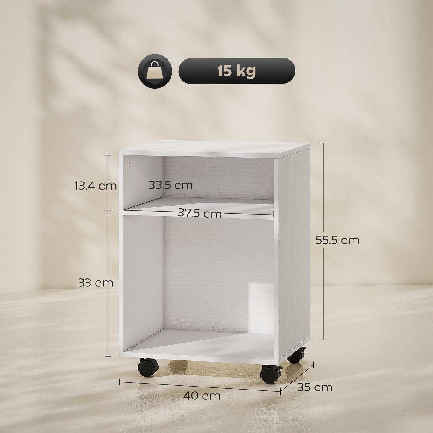 2-Tier Printer Stand with Storage and Wheels, White