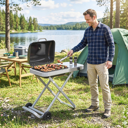Foldable Gas BBQ Barbecue Grill with Side Table, 2.5 kW, Black