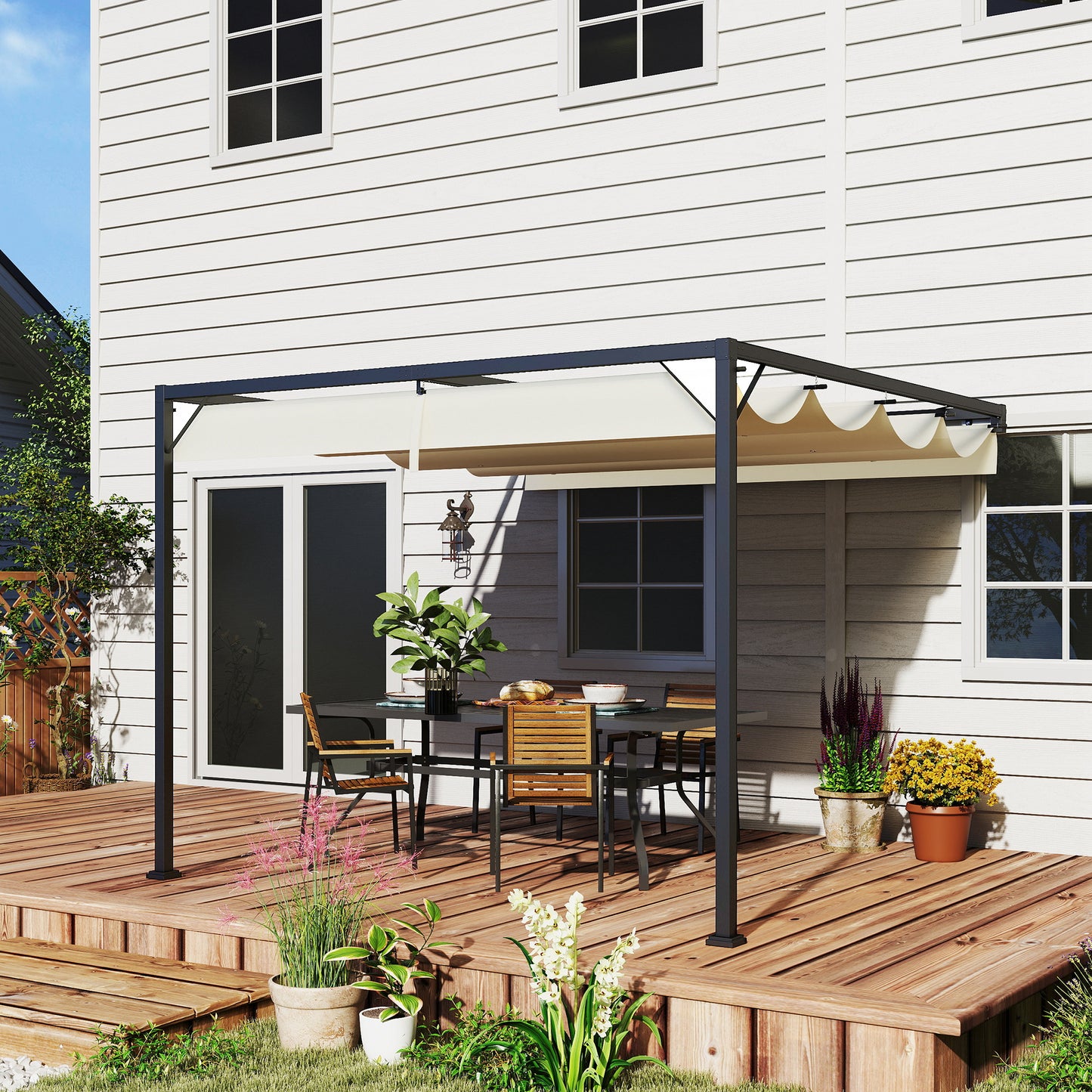3 x 3(m) Outdoor Pergola Retractable Canopy Wall Mounted, Cream
