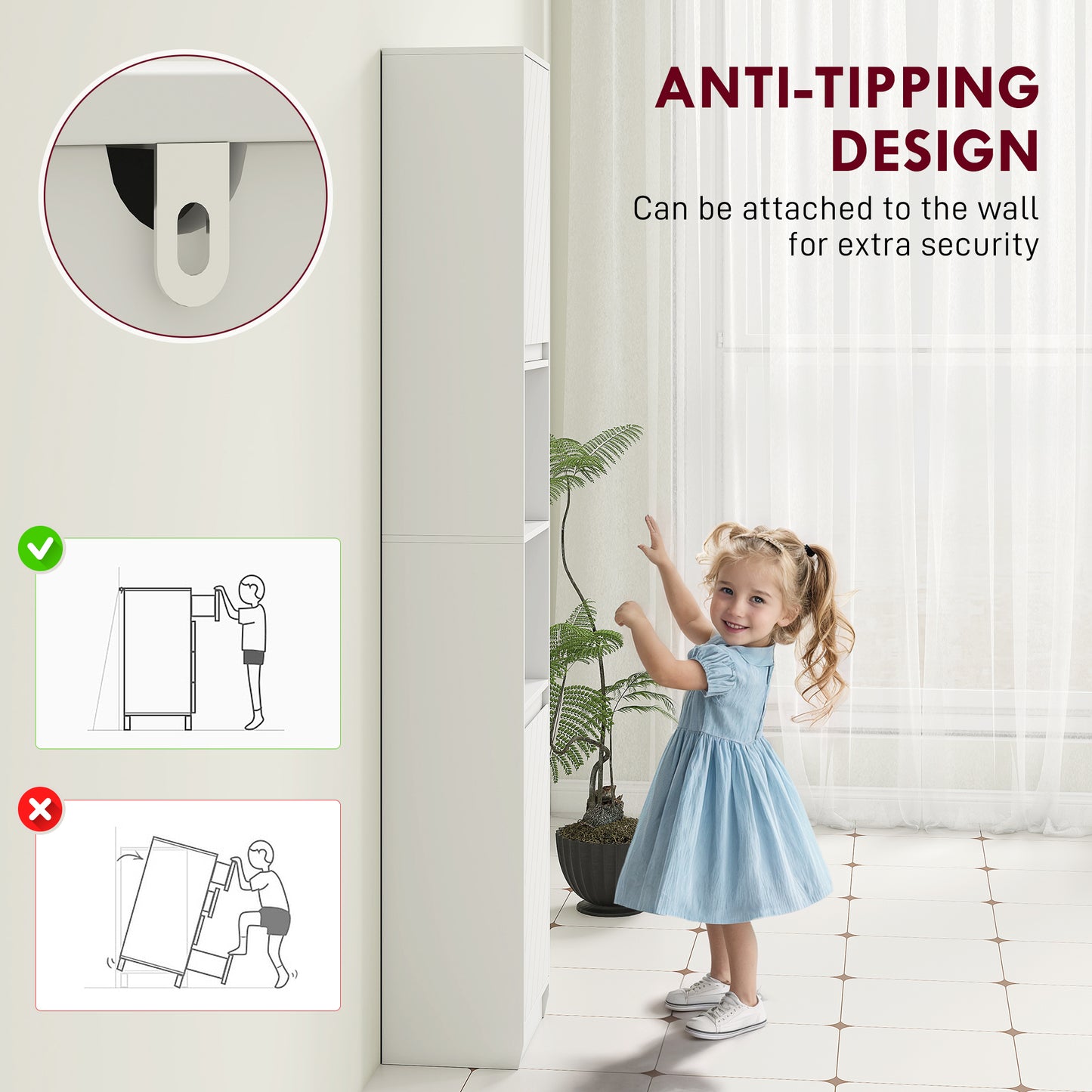 Narrow Bathroom Storage Cabinet with Open Compartment, White