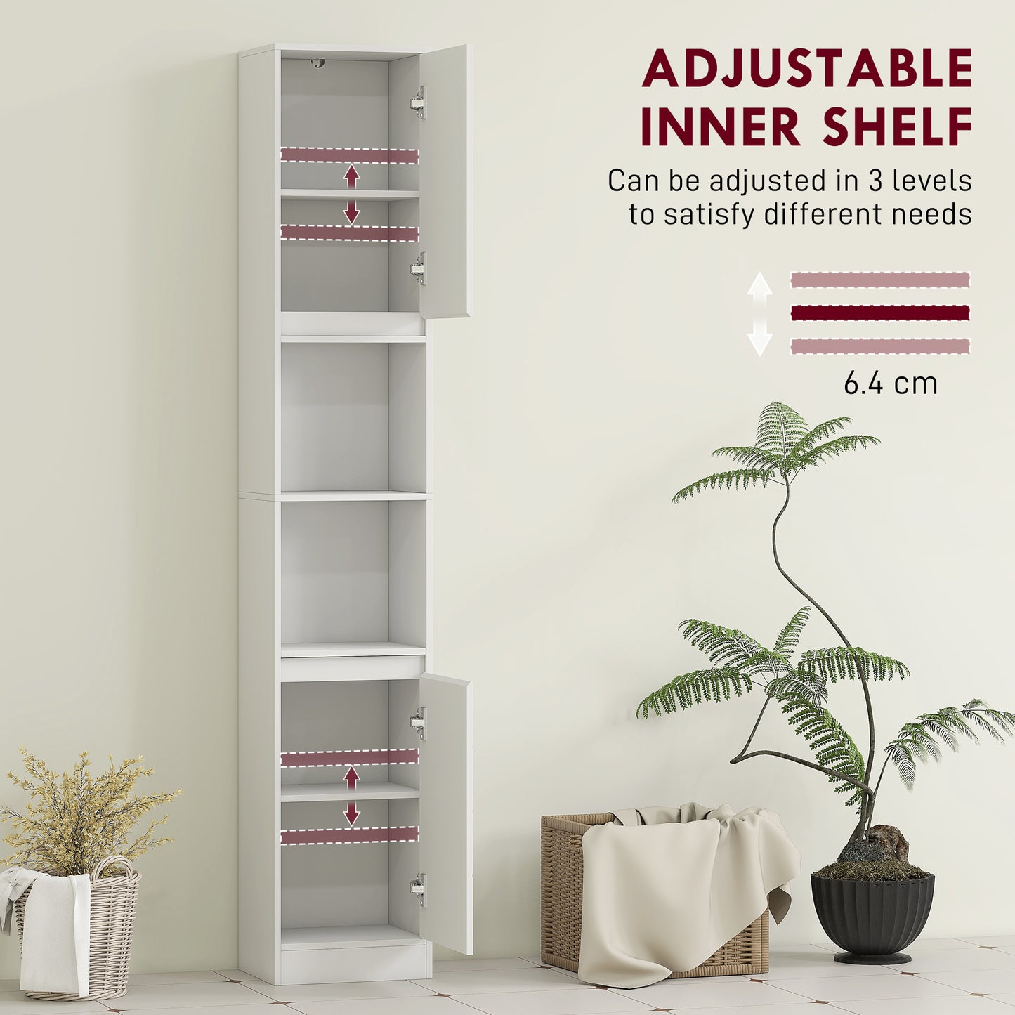 Narrow Bathroom Storage Cabinet with Open Compartment, White