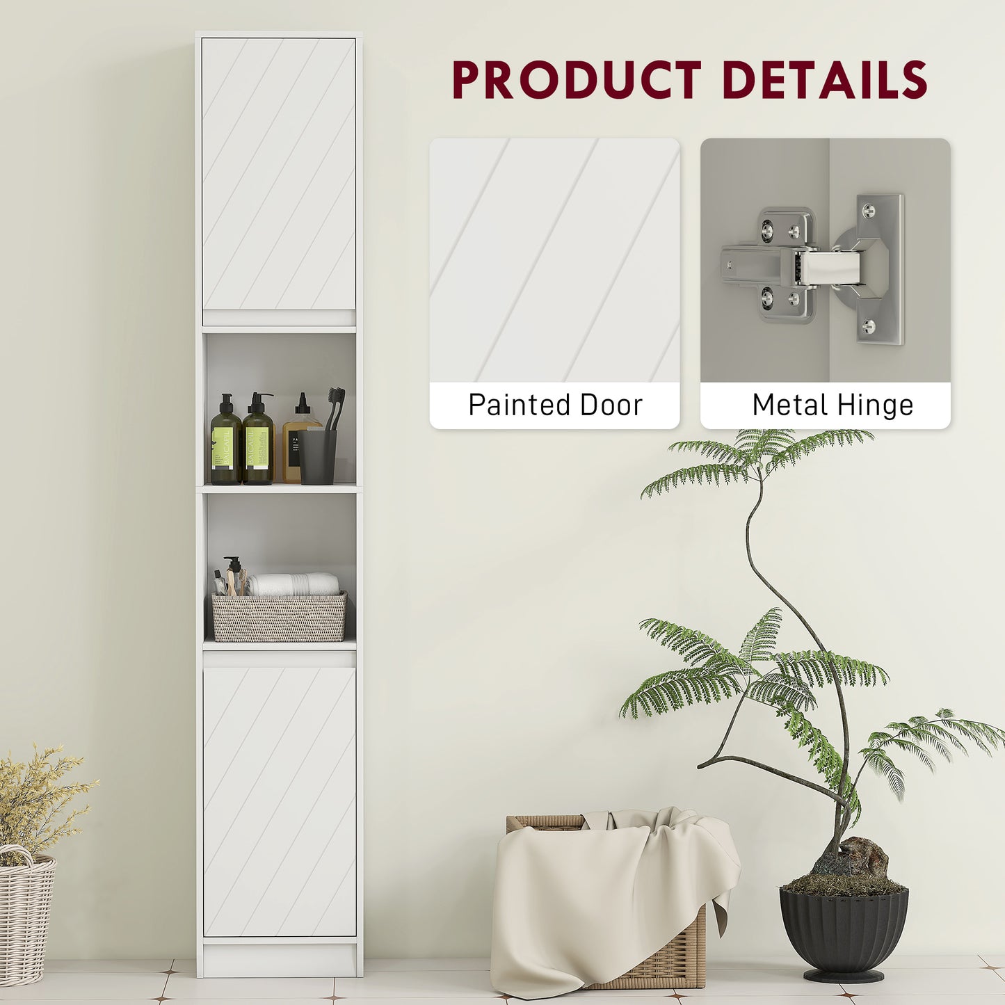 Narrow Bathroom Storage Cabinet with Open Compartment, White