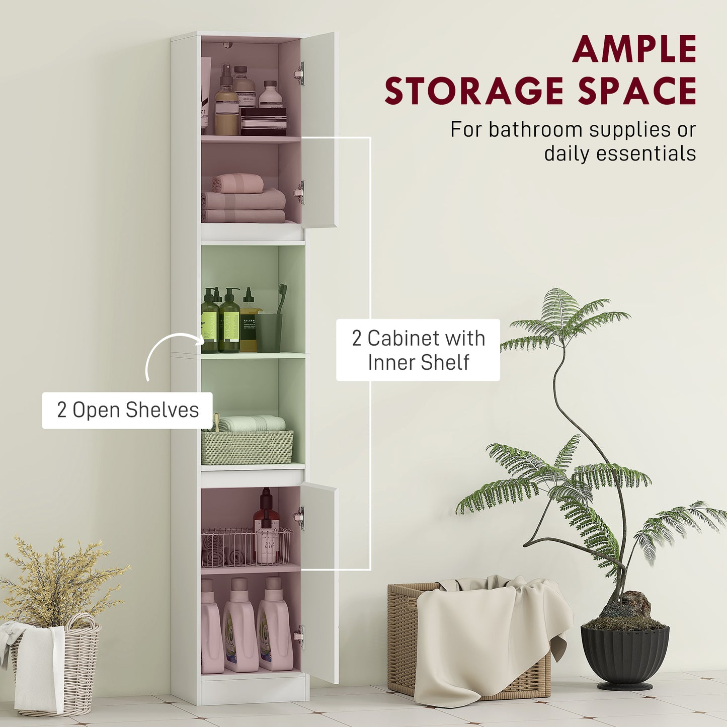 Narrow Bathroom Storage Cabinet with Open Compartment, White