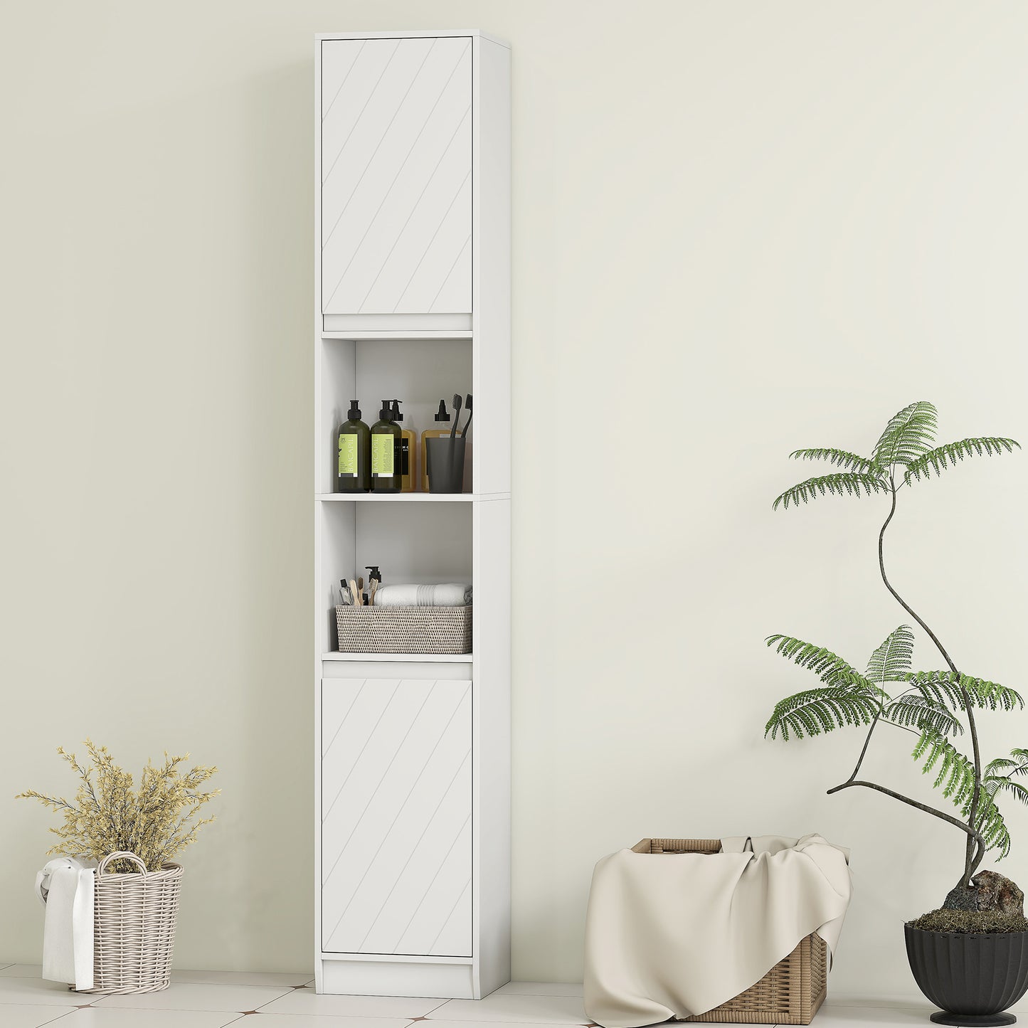 Narrow Bathroom Storage Cabinet with Open Compartment, White