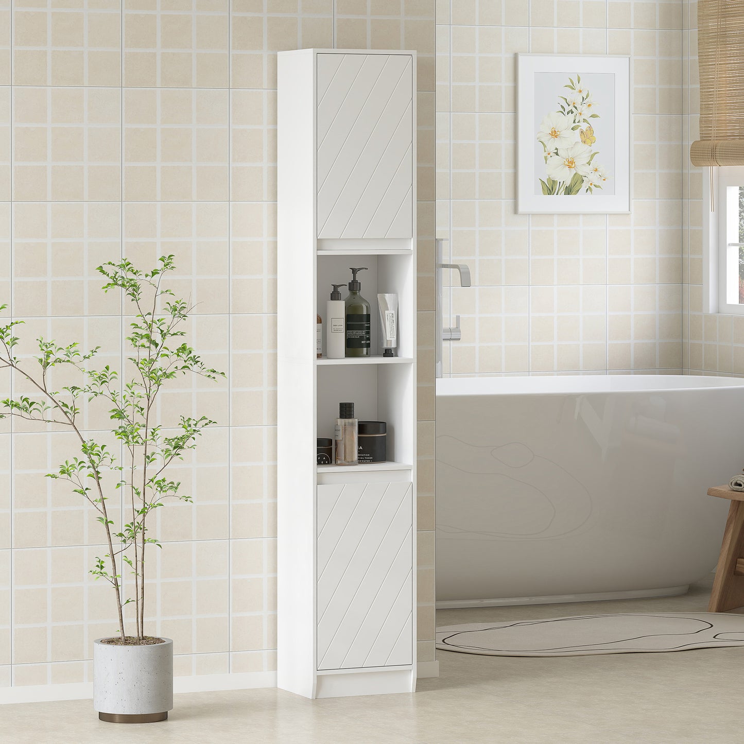 Narrow Bathroom Storage Cabinet with Open Compartment, White