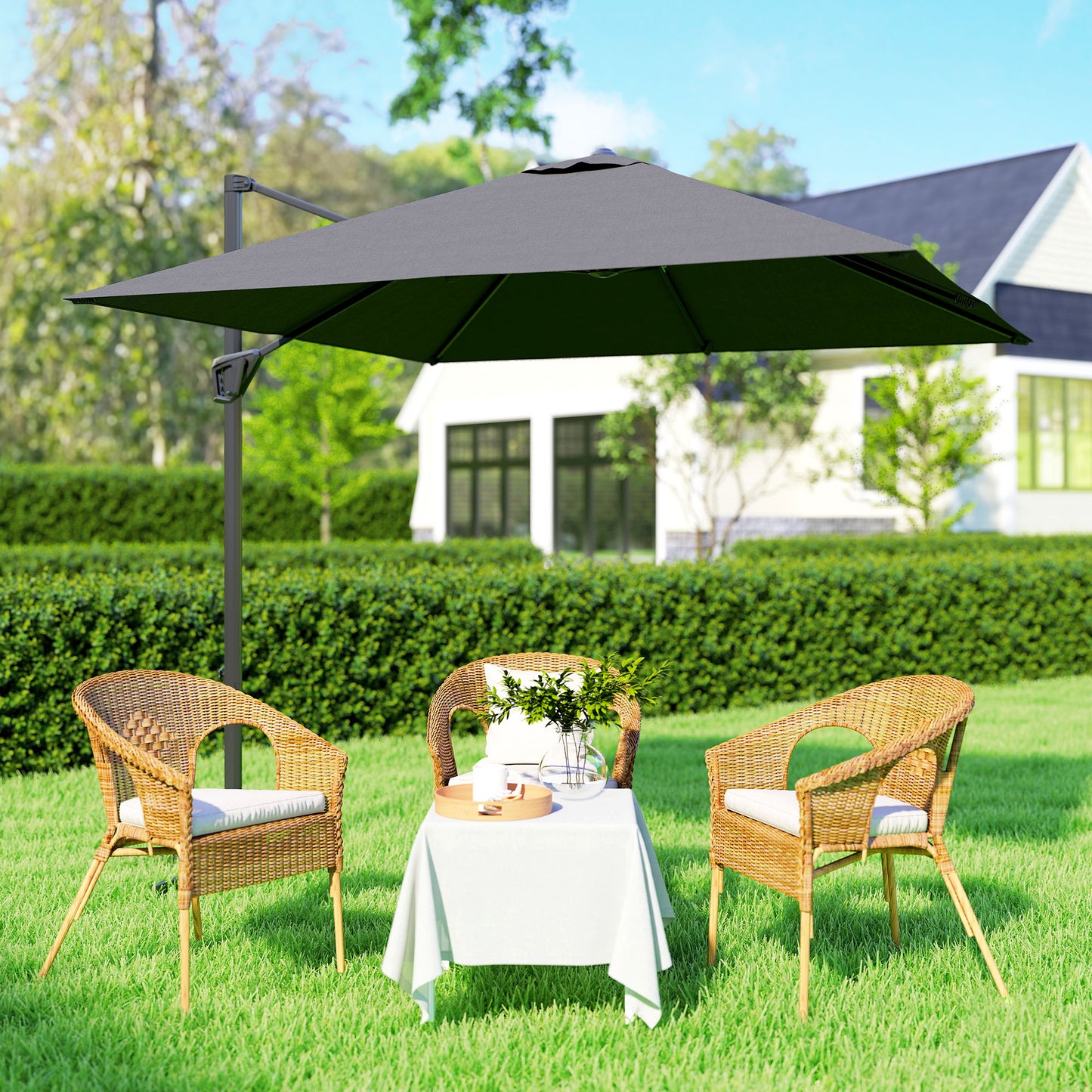 Square Cantilever Roma Parasol 360 Degree Rotation Crank, Dark Grey