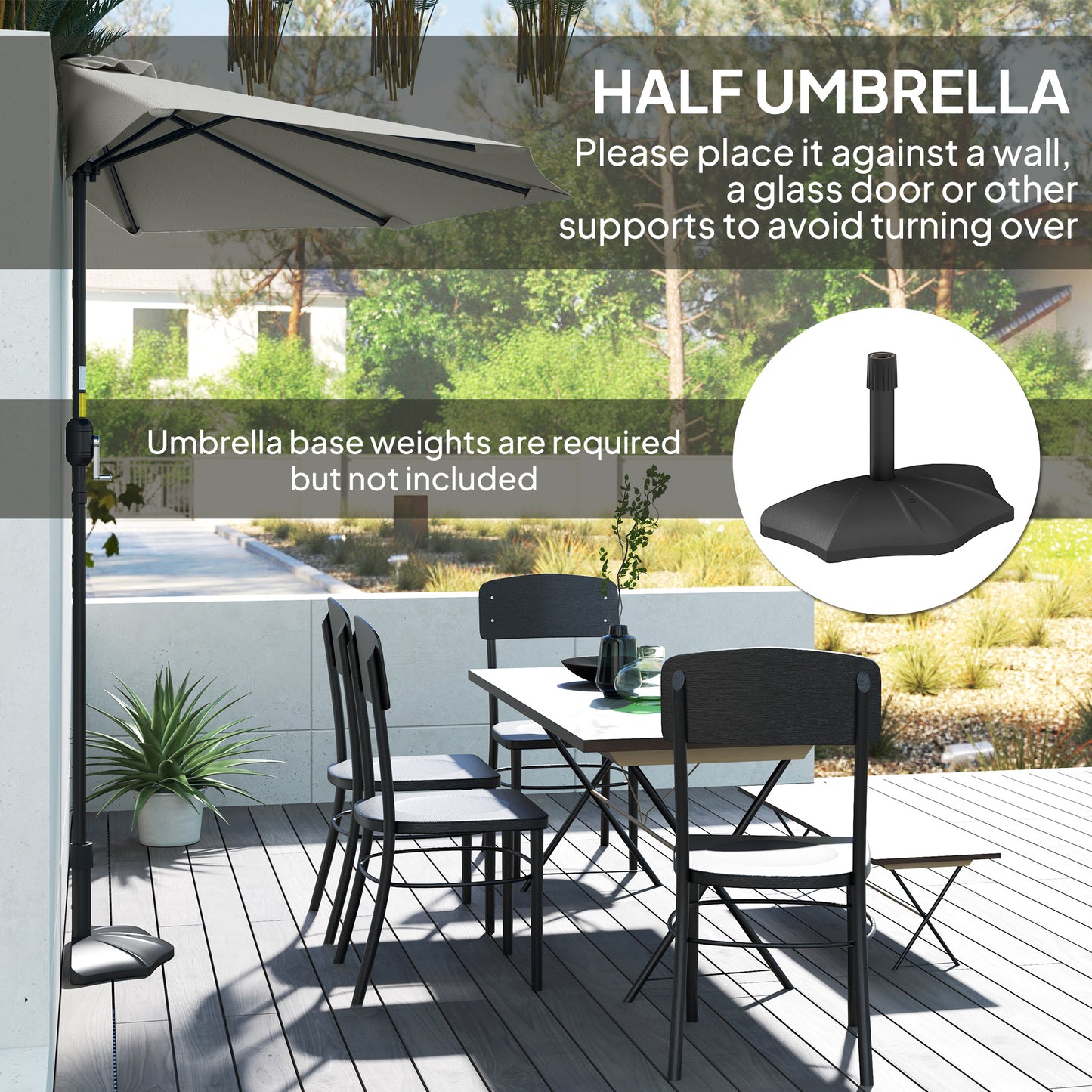2.7m Metal Frame Garden Furniture Parasol Half Round Umbrella Grey