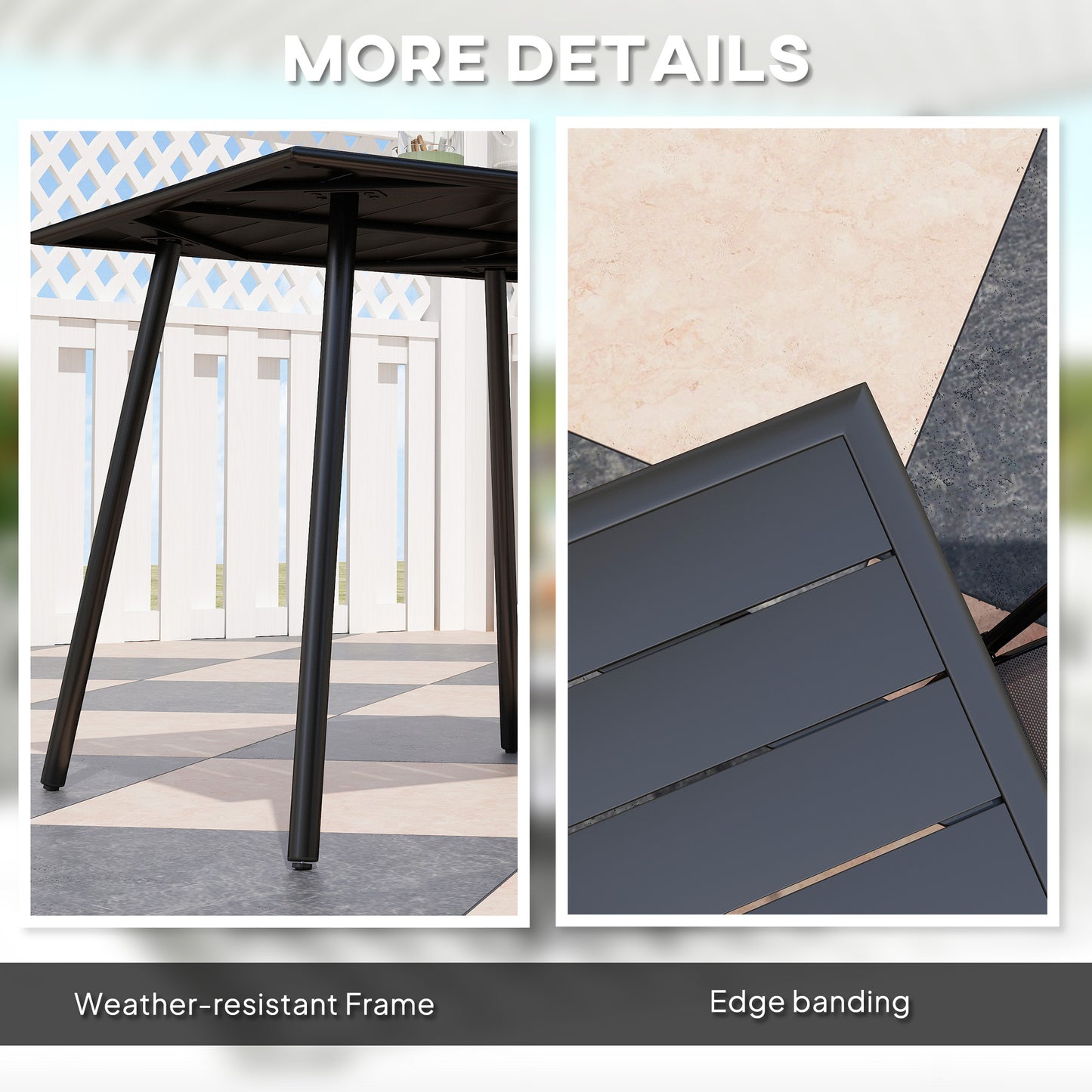 Garden Table for 4 Person with Slat Top, Steel Frame, Black