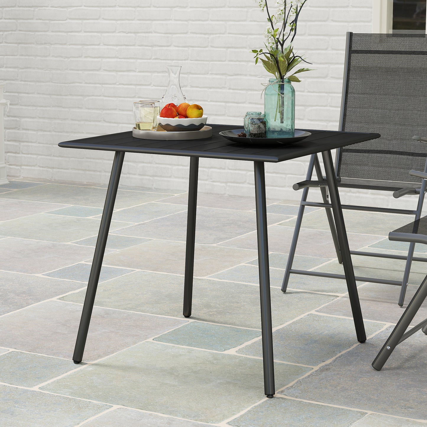 Garden Table for 4 Person with Slat Top, Steel Frame, Black