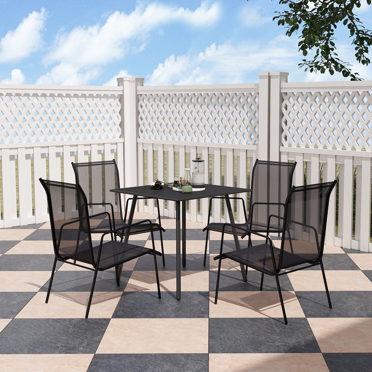 Garden Table for 4 Person with Slat Top, Steel Frame, Black