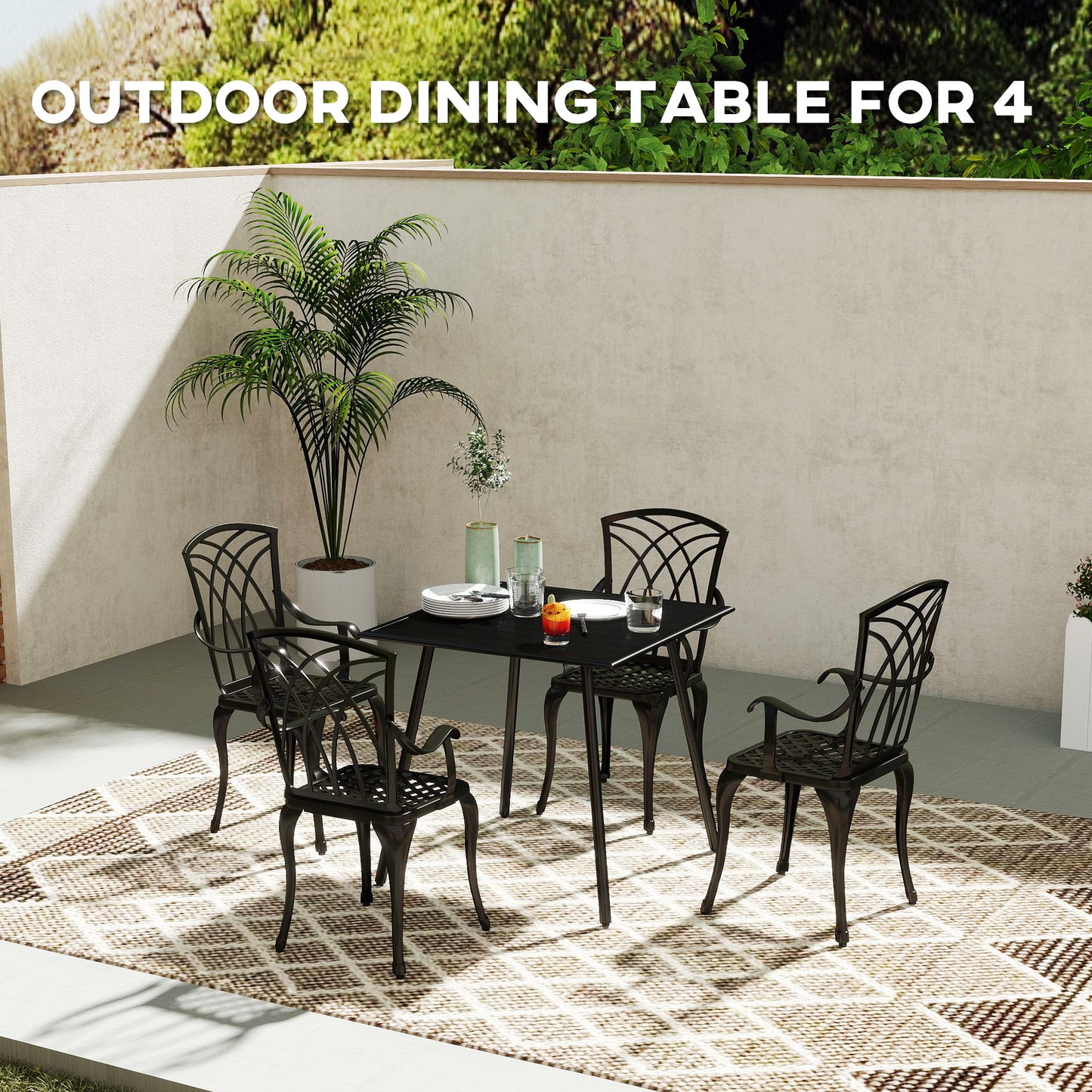 Garden Table for 4 Person with Slat Top, Steel Frame, Black