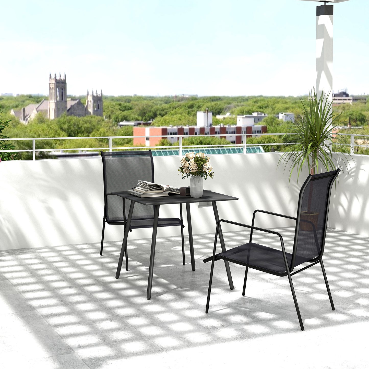 Garden Table for 4 Person with Slat Top, Steel Frame, Black