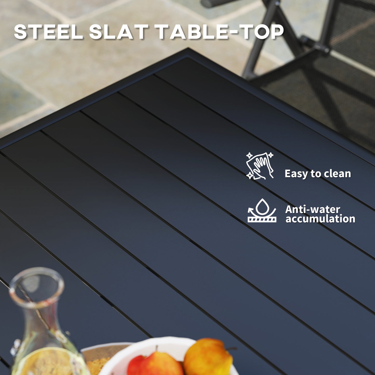 Garden Table for 4 Person with Slat Top, Steel Frame, Black
