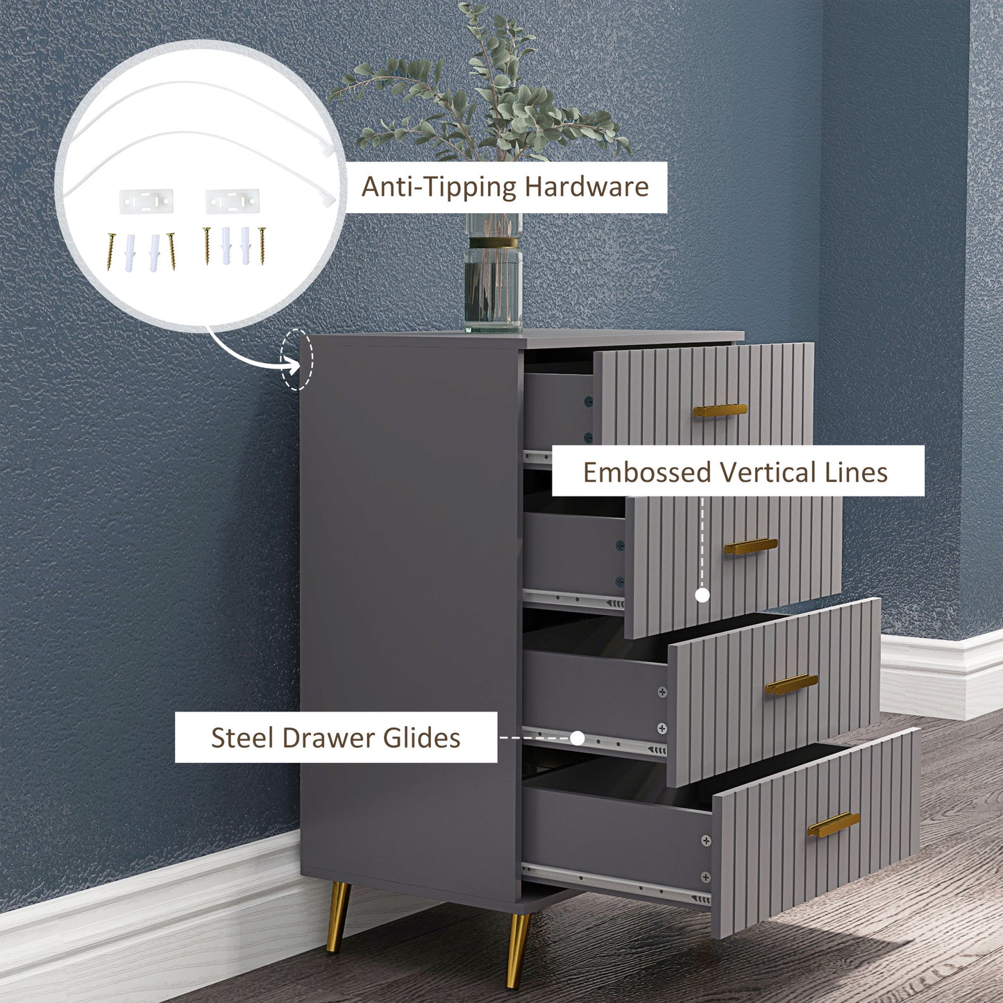 Bedroom Chest of Drawers, 4-Drawer Dresser with Aluminium Legs