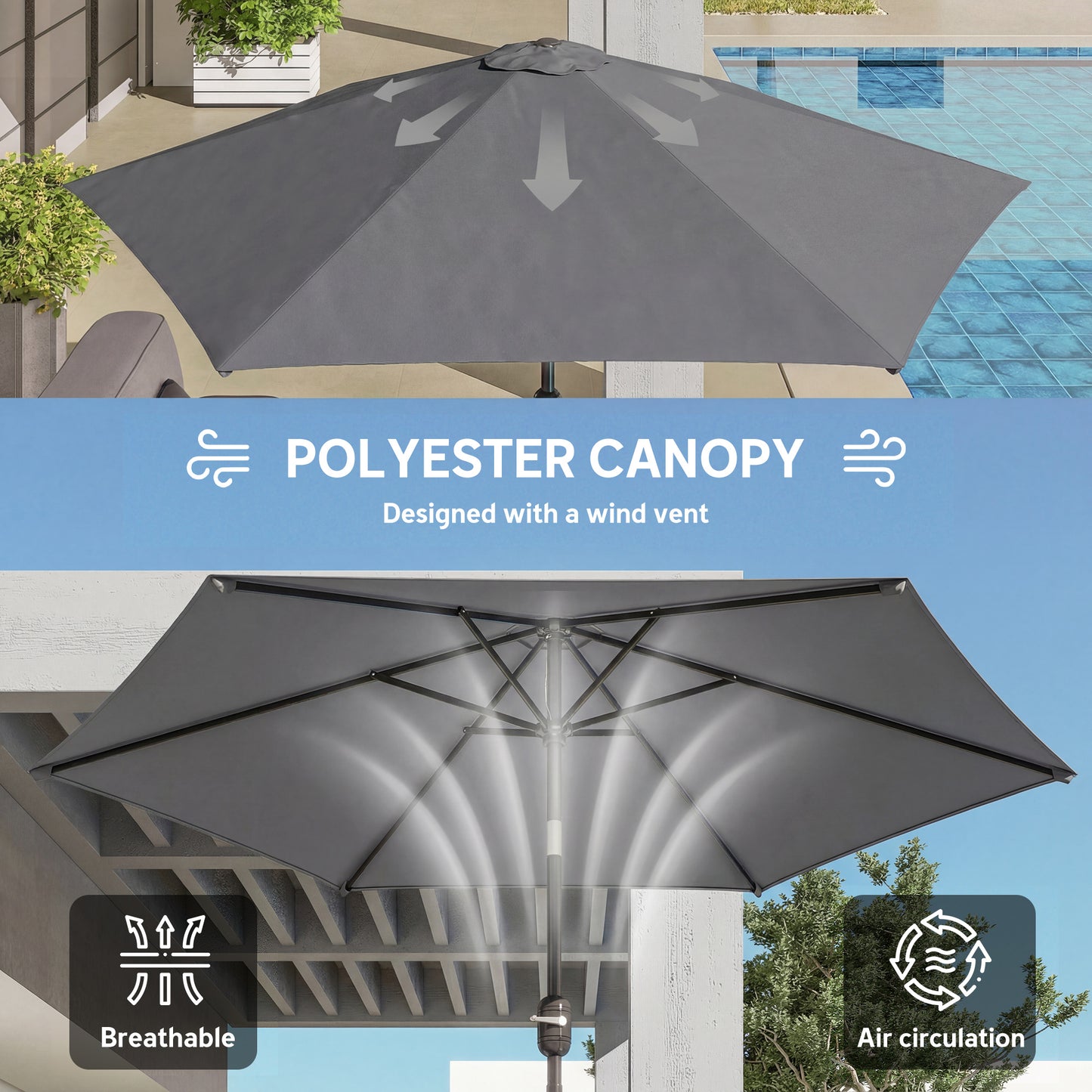 2.6M Garden Parasol Umbrella with Aluminium Pole, Tilt, Crank