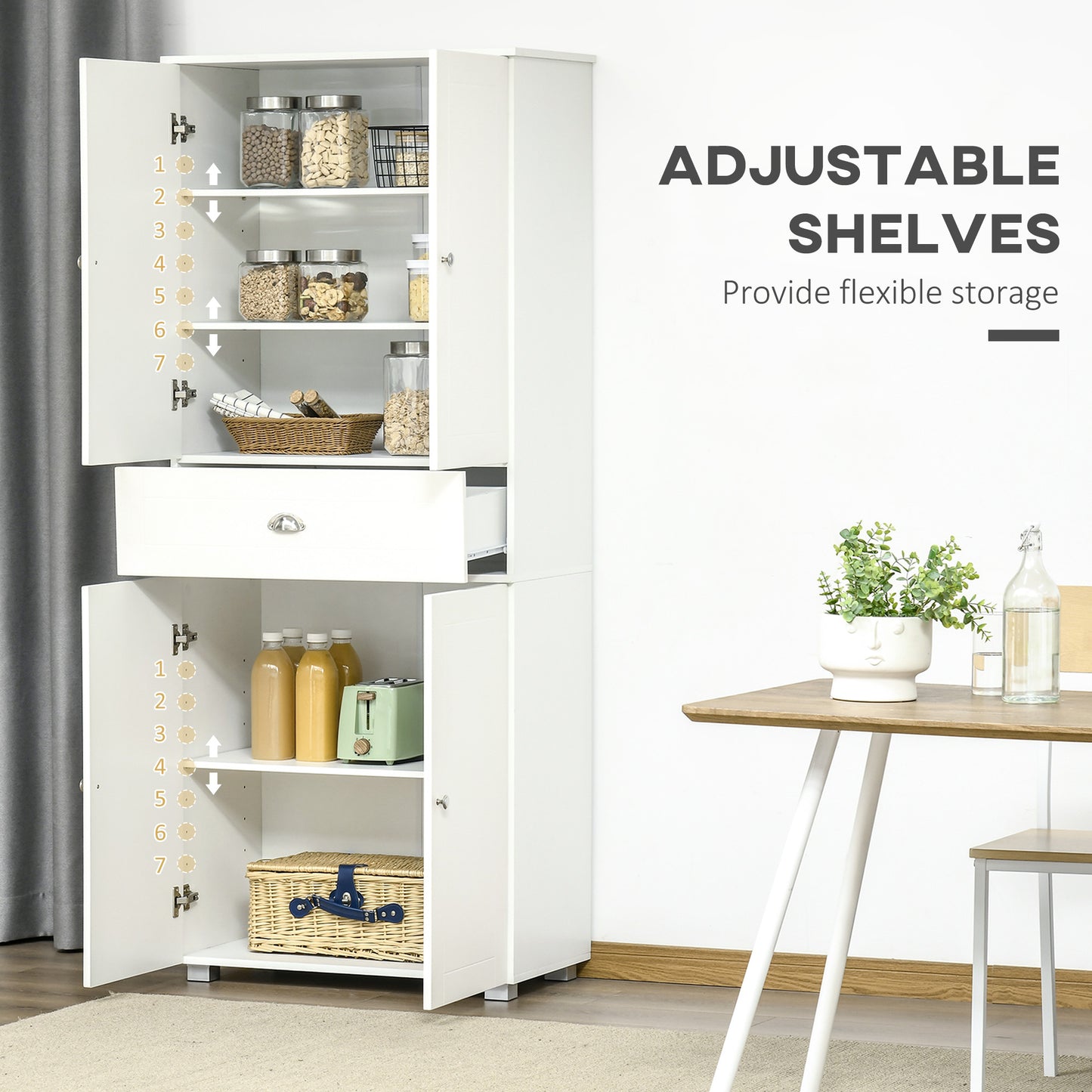 Tall Kitchen Storage Cabinet Cupboard w/ Drawer for Dining Room White