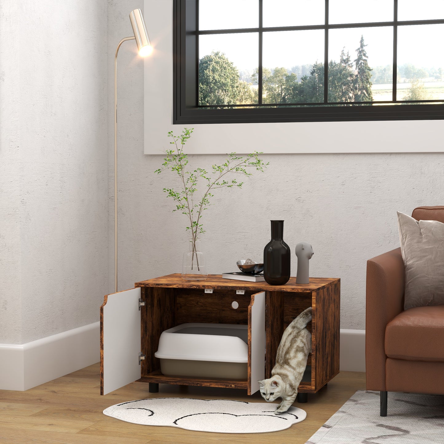 Hidden Cat Litter Box Furniture w/ Sand Drain Pad - Rustic Brown