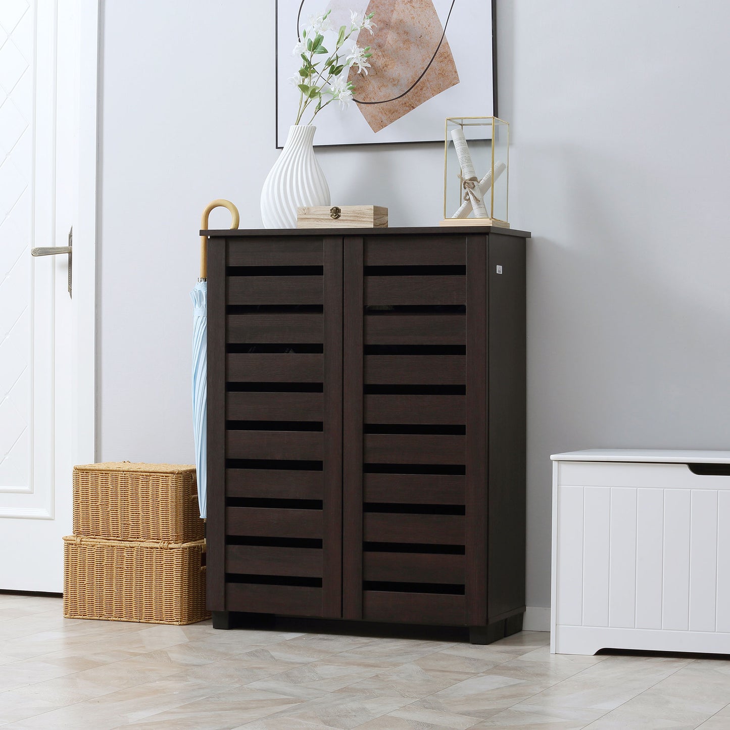 Shoe Storage Cabinet with Slatted Doors for 15 Pairs of Shoes Brown