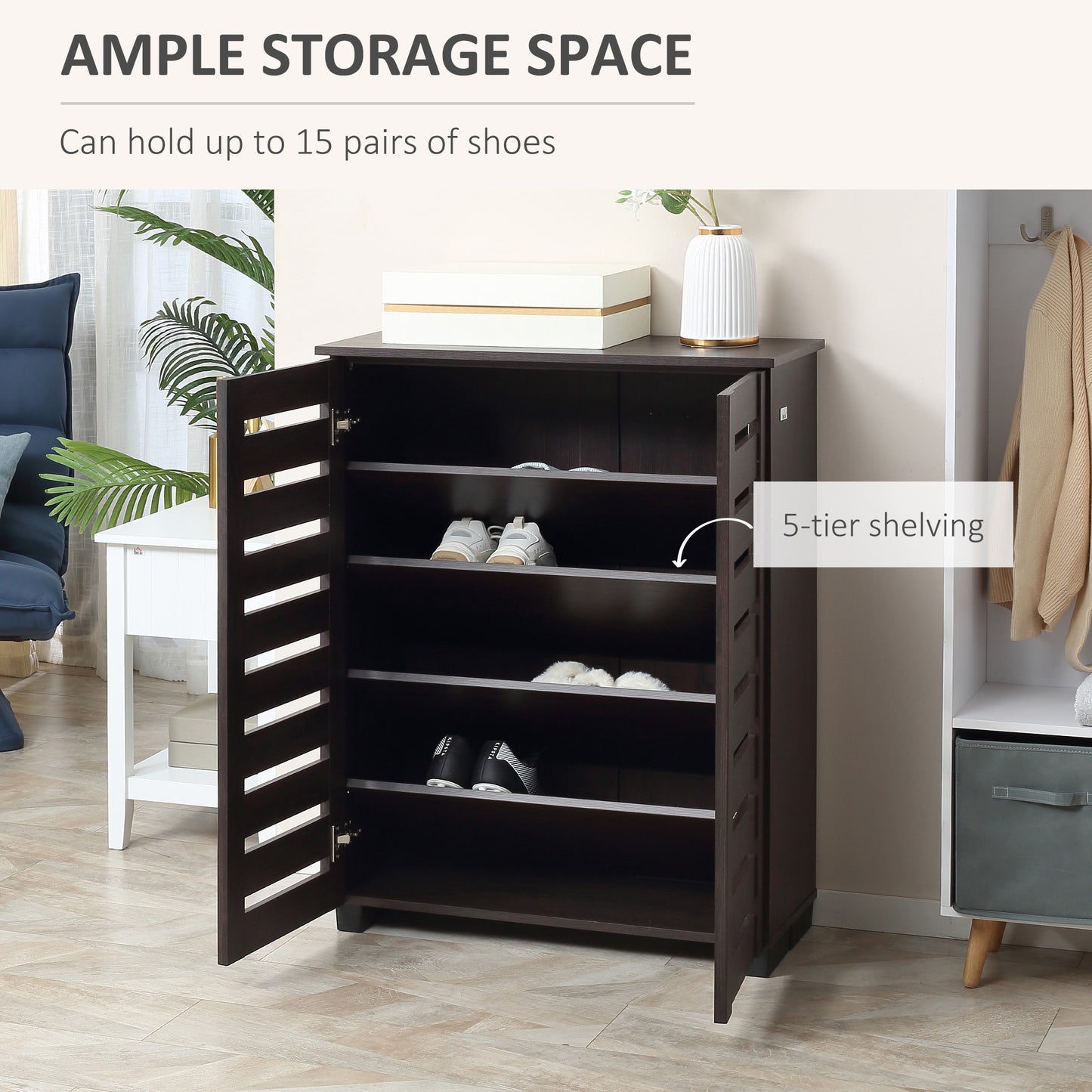 Shoe Storage Cabinet with Slatted Doors for 15 Pairs of Shoes Brown