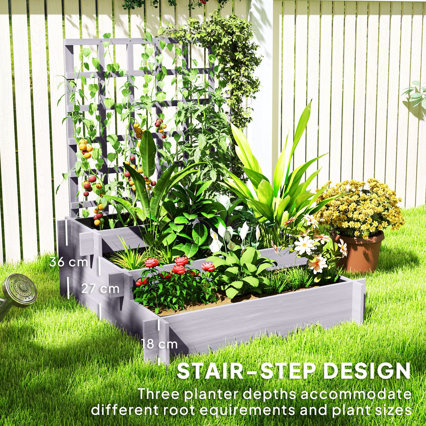 3 Tier Wooden Garden Planters with Trellis for Vine Climbing Plants