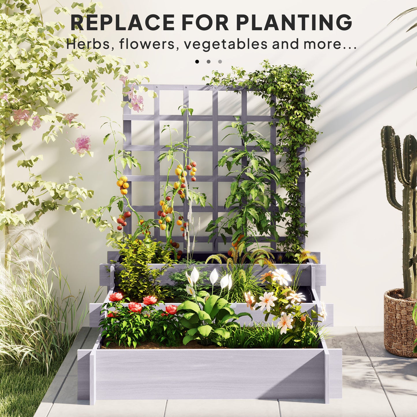 3 Tier Wooden Garden Planters with Trellis for Vine Climbing Plants