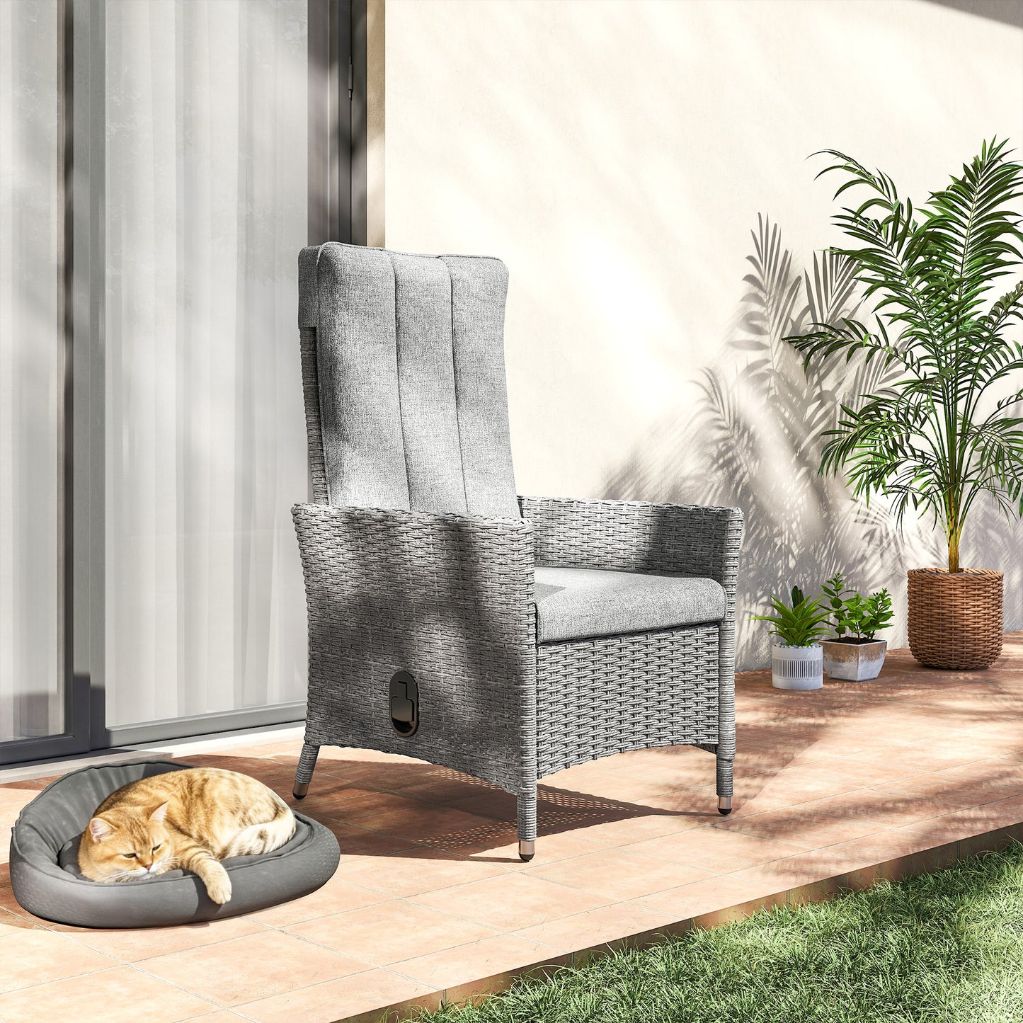 Rattan Garden Recliner Chair with Adjustable Backrest, Light Grey