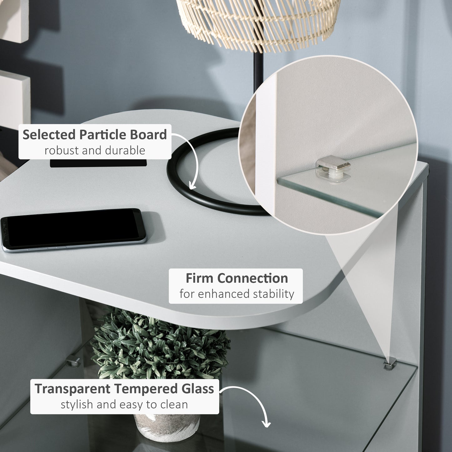 Modern Side Table Three Layer Bedside Table w/ Storage Shelves, Grey