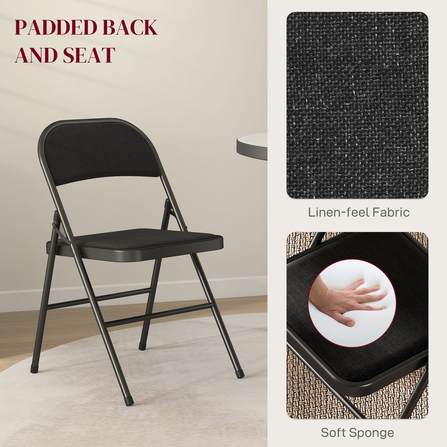 4 Pack Padded Folding Chairs with Cushioned Seat and Metal Frame Black