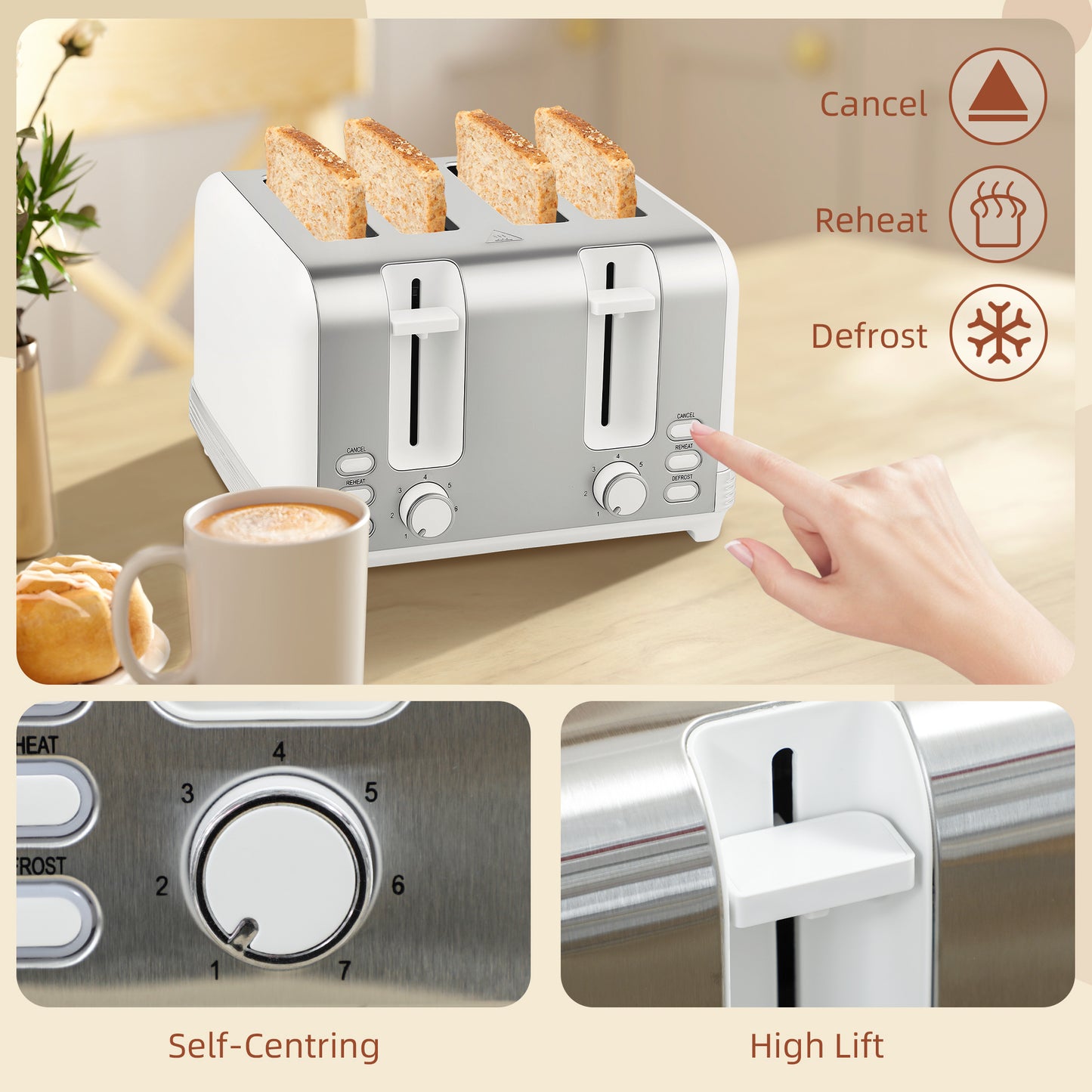 1.7L 3000W Quick Boil Kettle and 4 Slice Toaster Set Crumb Tray White