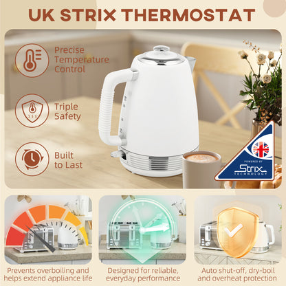 1.7L 3000W Quick Boil Kettle and 4 Slice Toaster Set Crumb Tray White