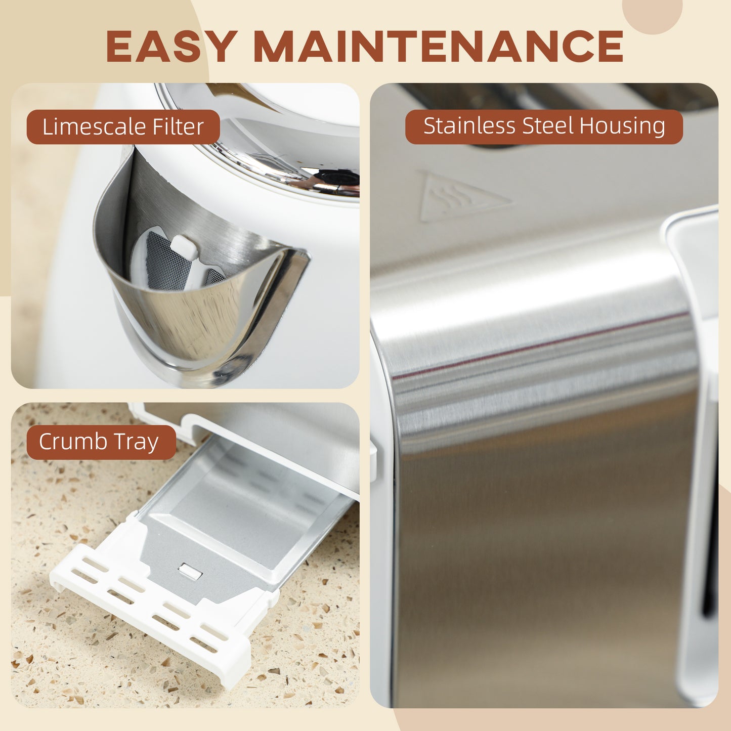 1.7L 3000W Quick Boil Kettle and 4 Slice Toaster Set Crumb Tray White