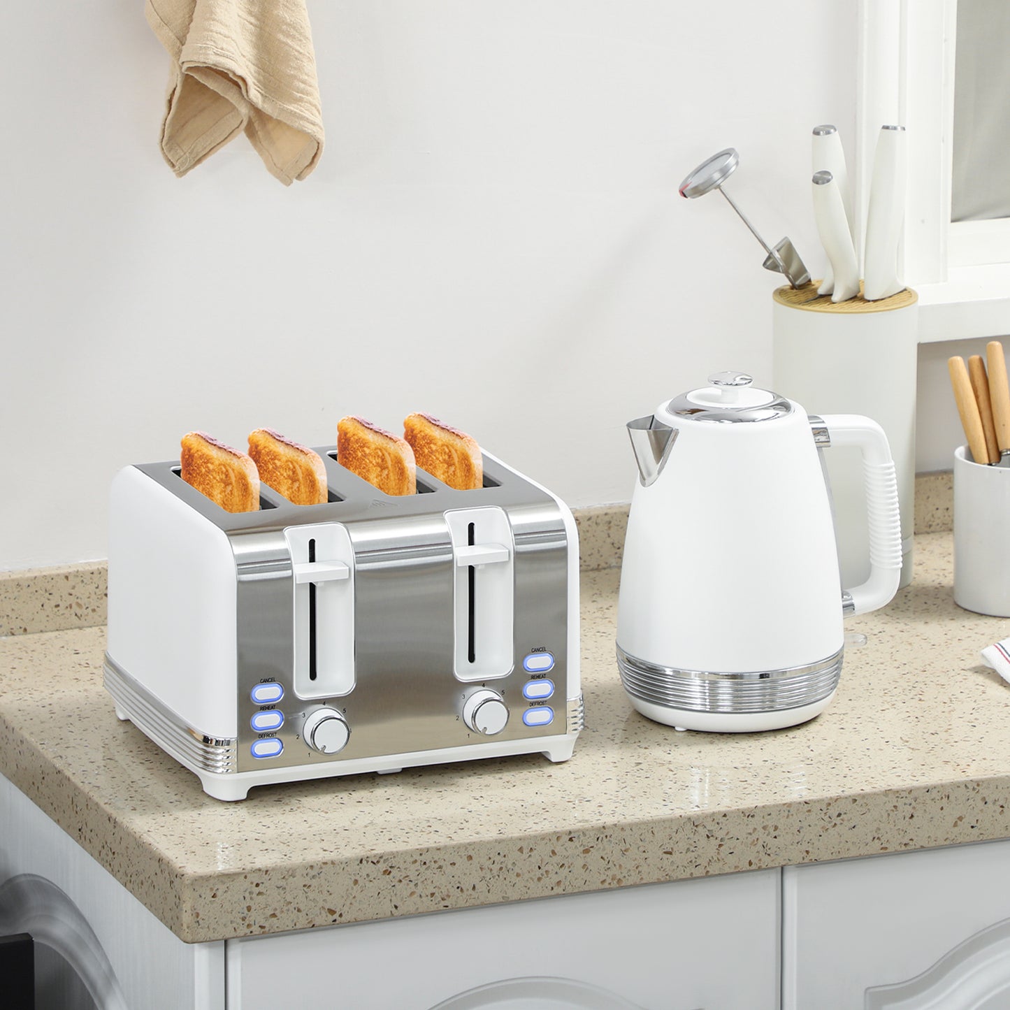 1.7L 3000W Quick Boil Kettle and 4 Slice Toaster Set Crumb Tray White