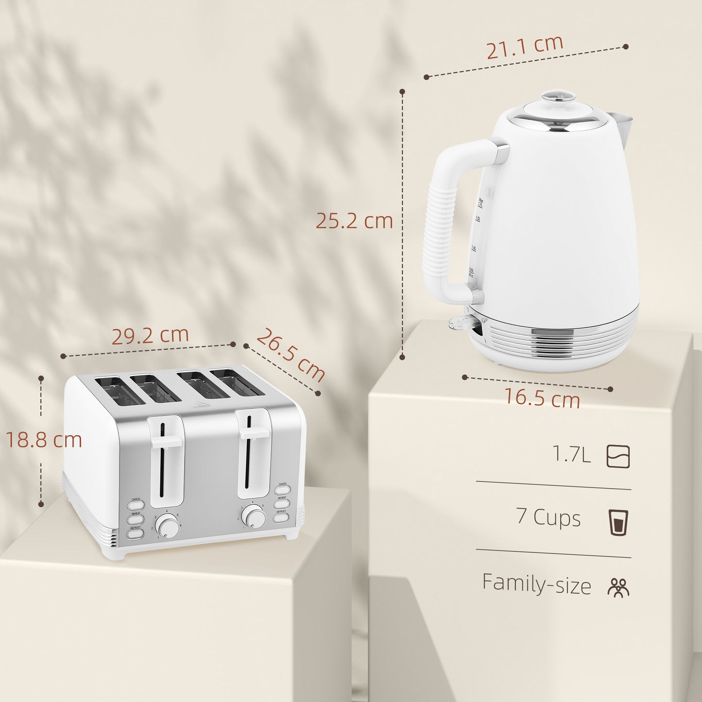 1.7L 3000W Quick Boil Kettle and 4 Slice Toaster Set Crumb Tray White