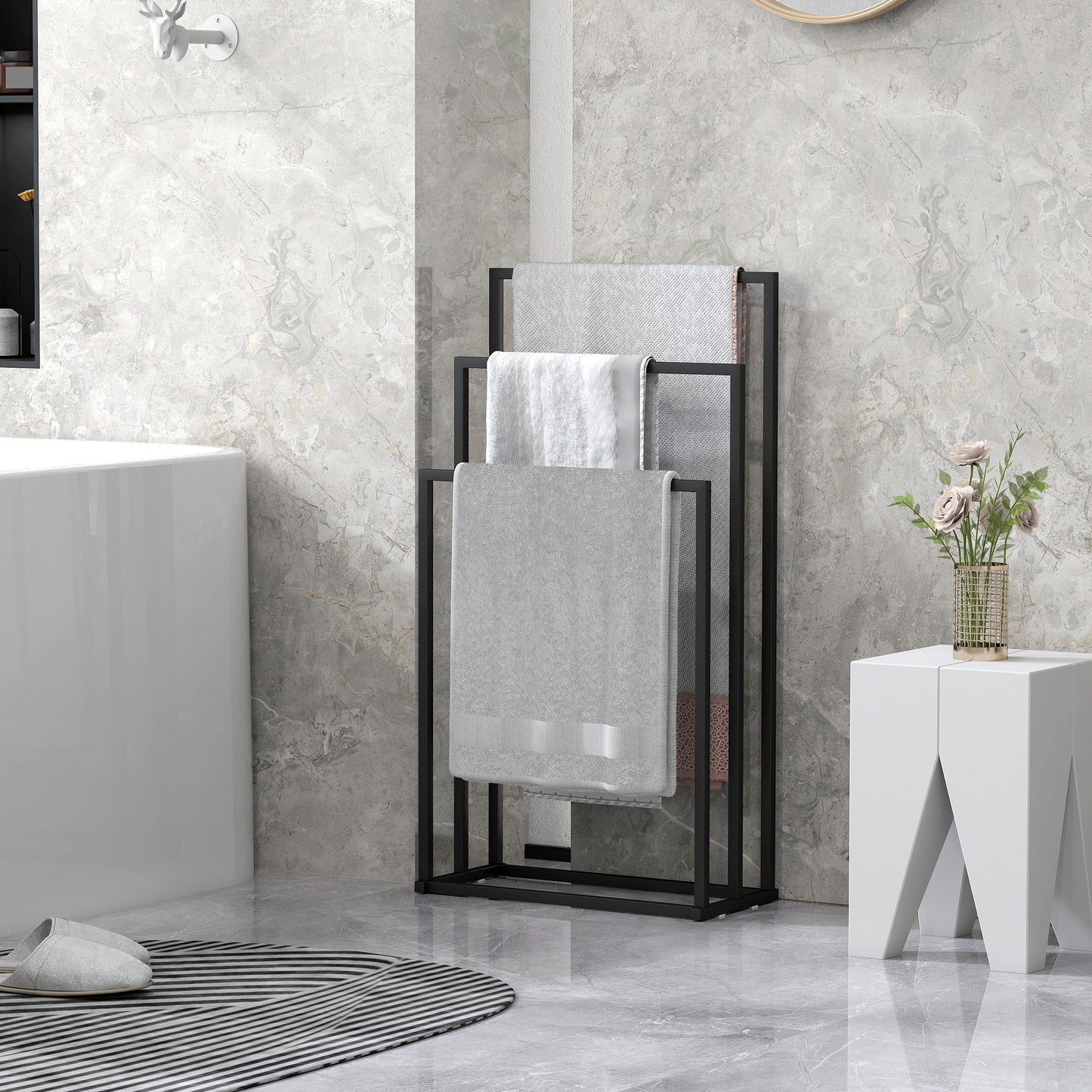 Freestanding Towel Rack, Steel Towel Rail Holder with 3 Bars, Space Saving for Home, Bathroom, 45 x 21.5 x 85 cm, Black