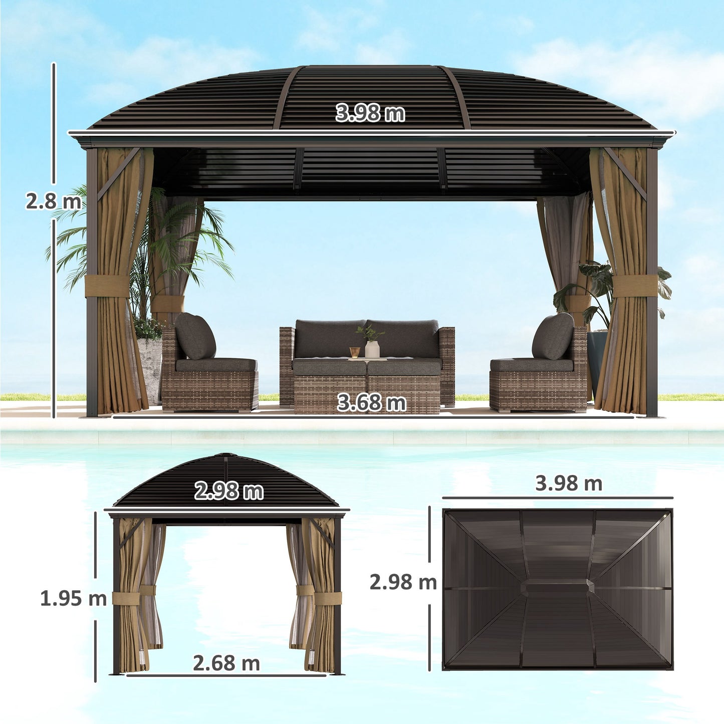 3 x 4m Hardtop Gazebo Aluminium Garden Pavilion Brown