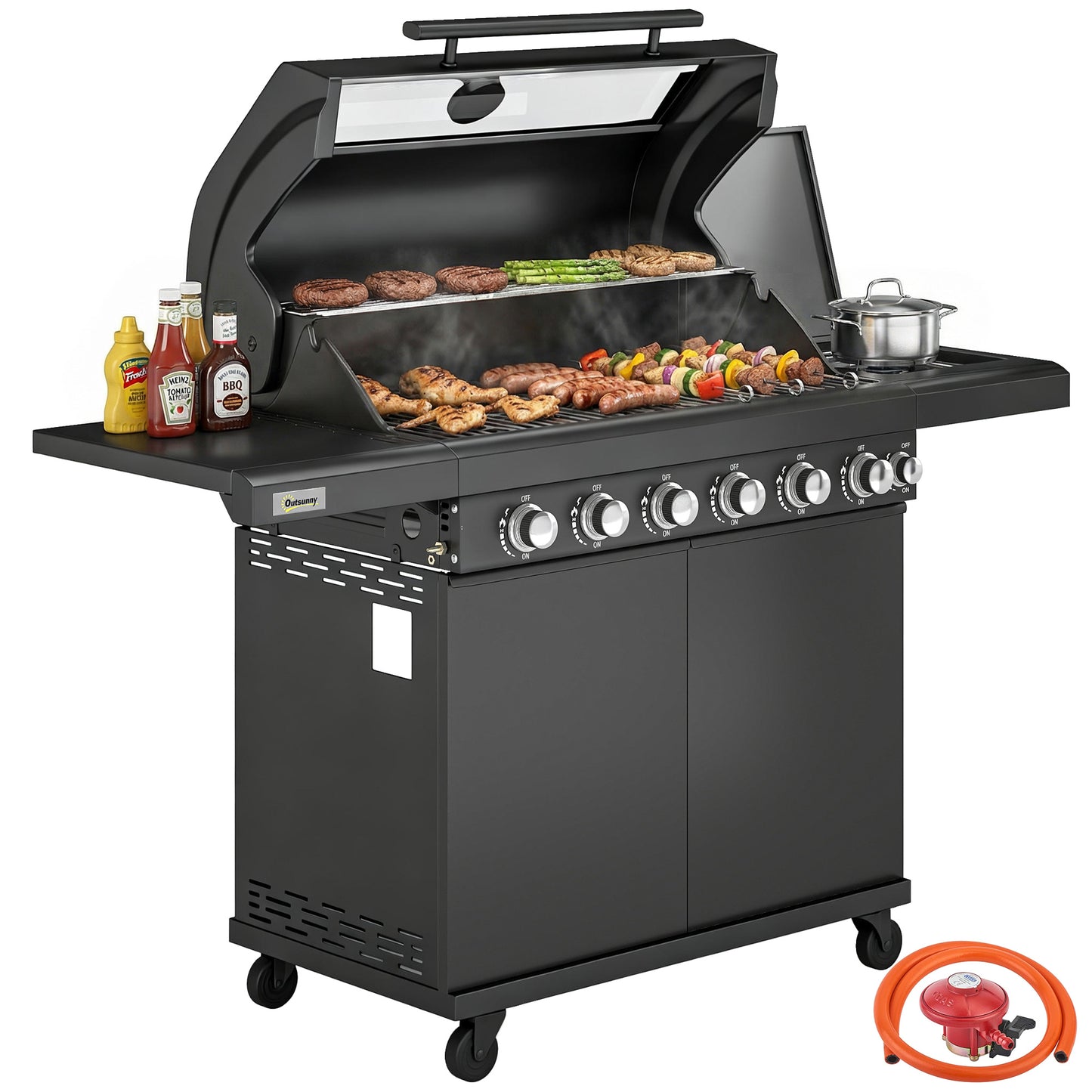 6+1 Burner Gas BBQ Grill, Barbecue Grill with Warming Rack, Black