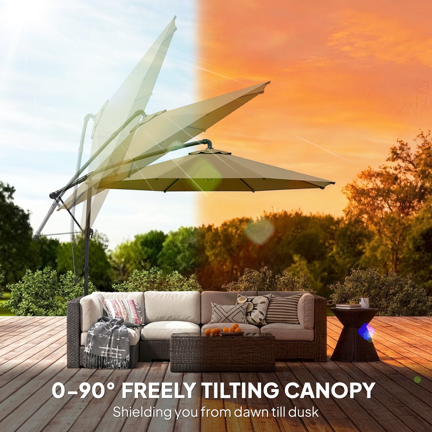 3 m Garden Cantilever Parasol with Cover, Rotation, Khaki