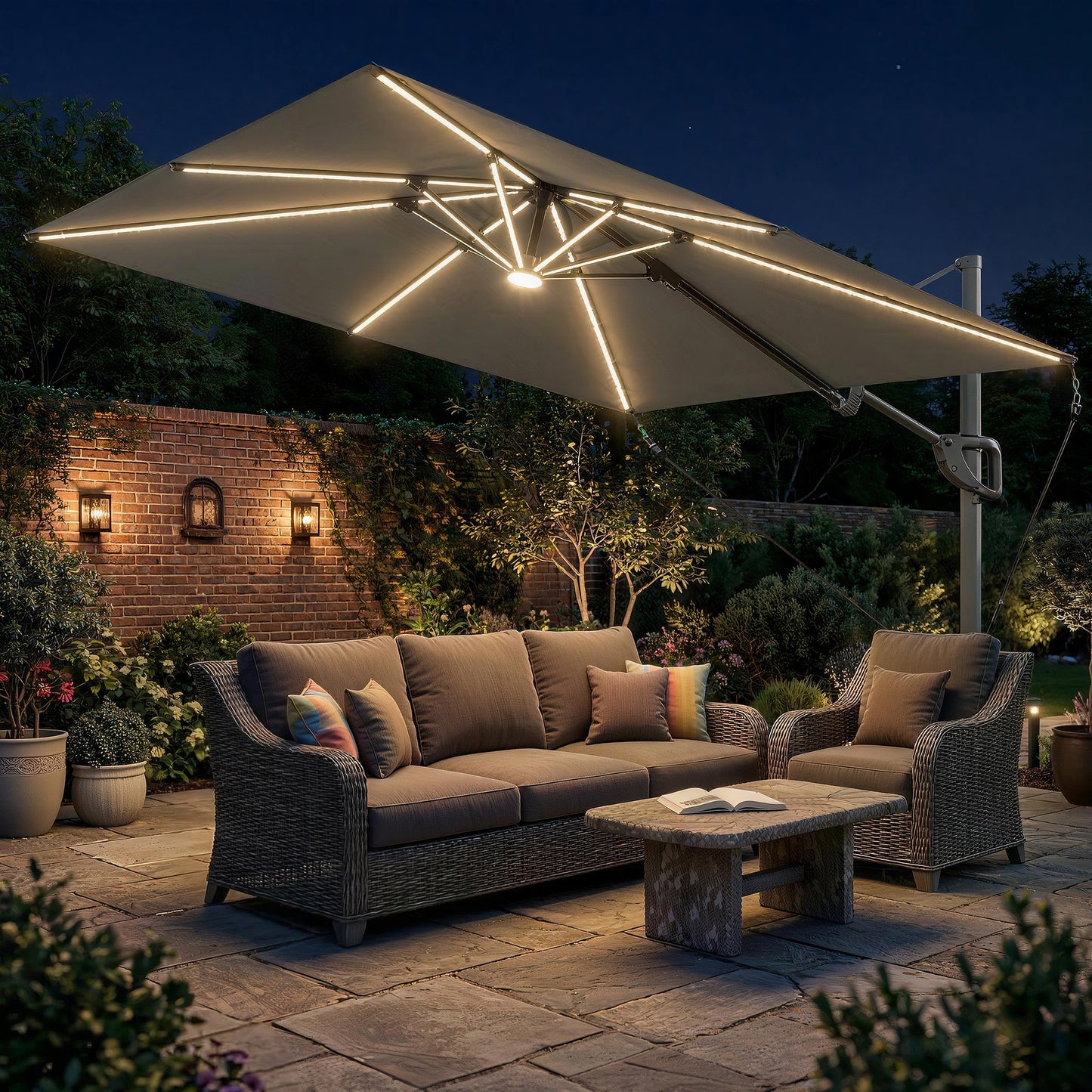 3 x 3 m Garden Cantilever Parasol w/ Light, Cover, Wind Protection